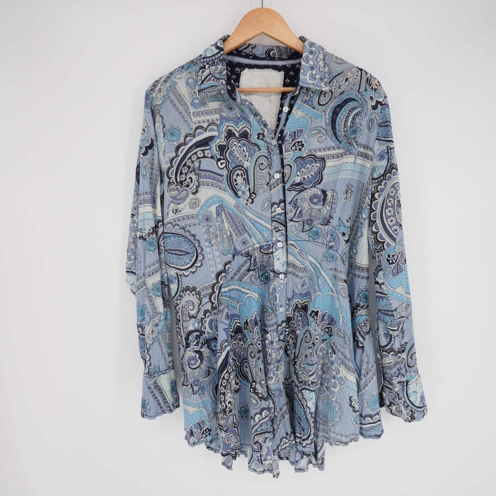 Cino Paisley Tunic Top Womens L Blue Cotton Button Front Boho Roll Tab Blouse